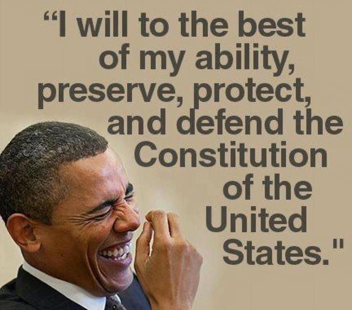 Obama laughing with Constitution quote